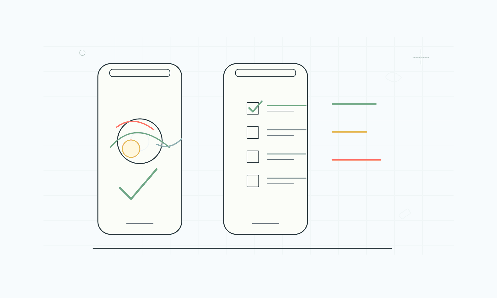 Line illustration of mobile food-checking screens beside comparison notes