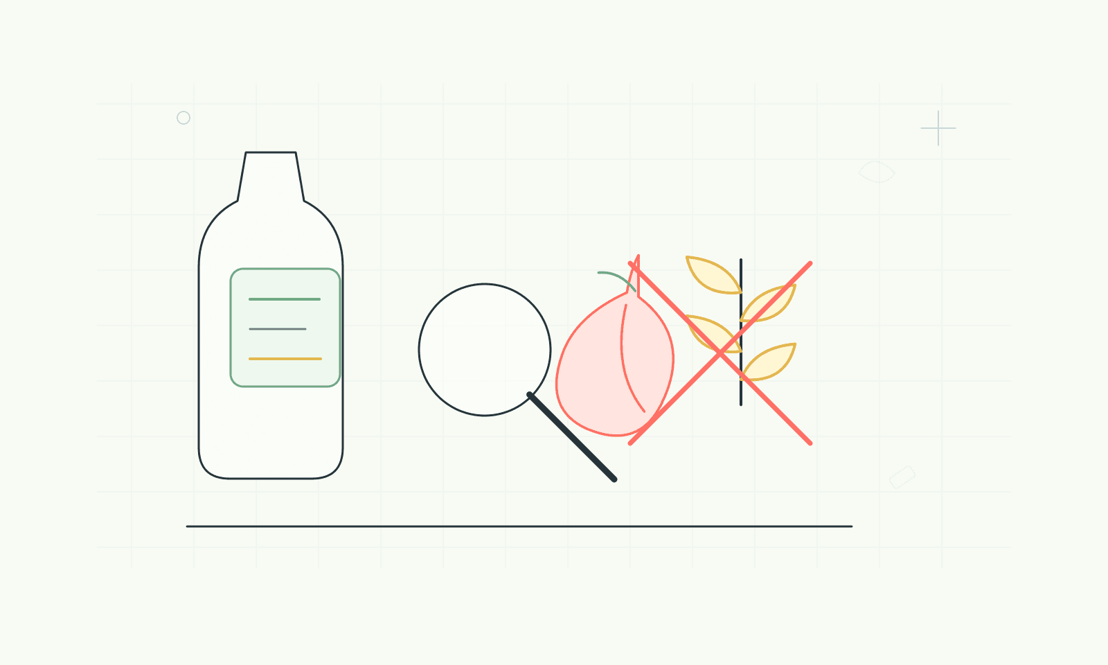Line illustration of ingredients partly hidden behind a packaged sauce bottle
