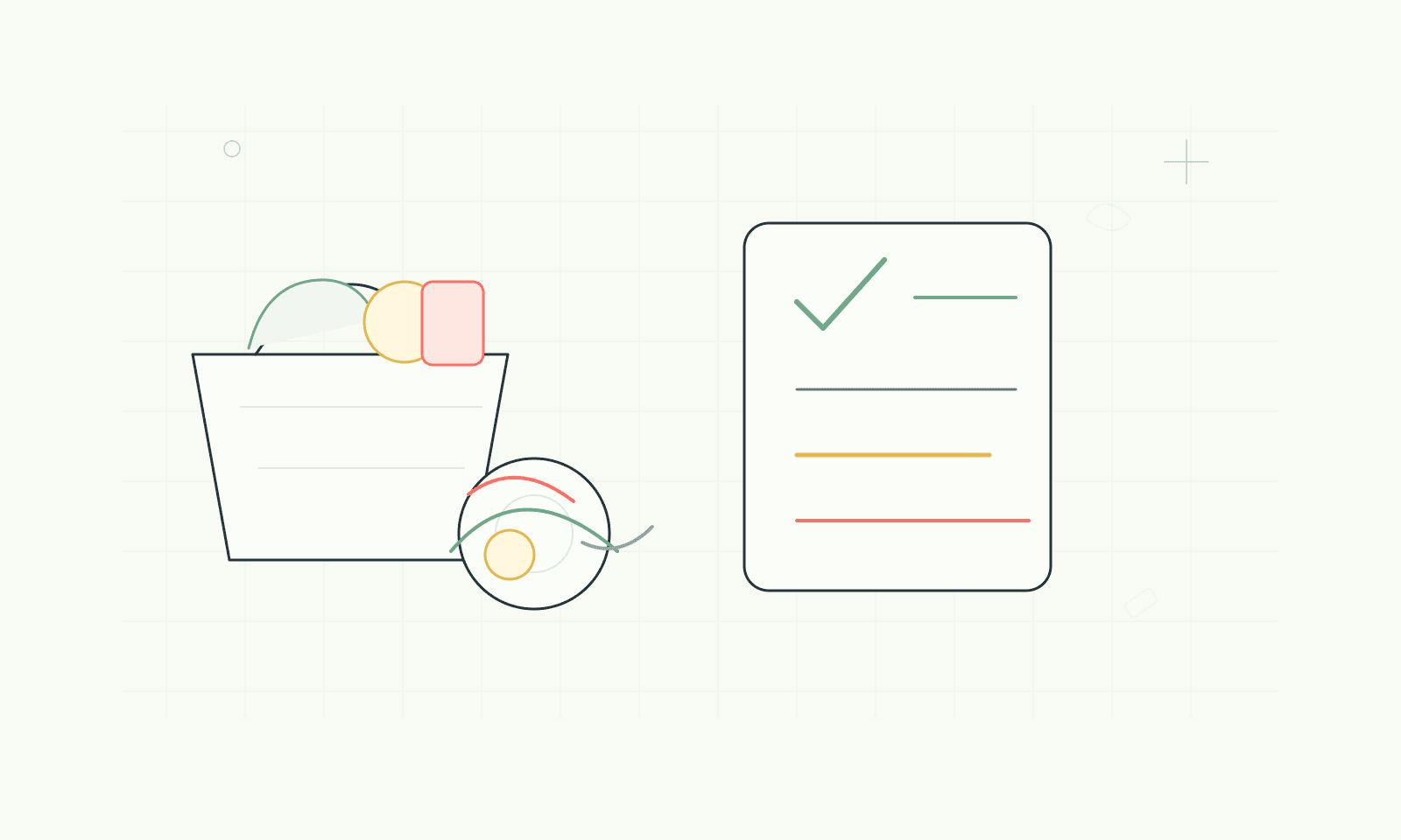 Line illustration of a grocery basket and Low FODMAP food list