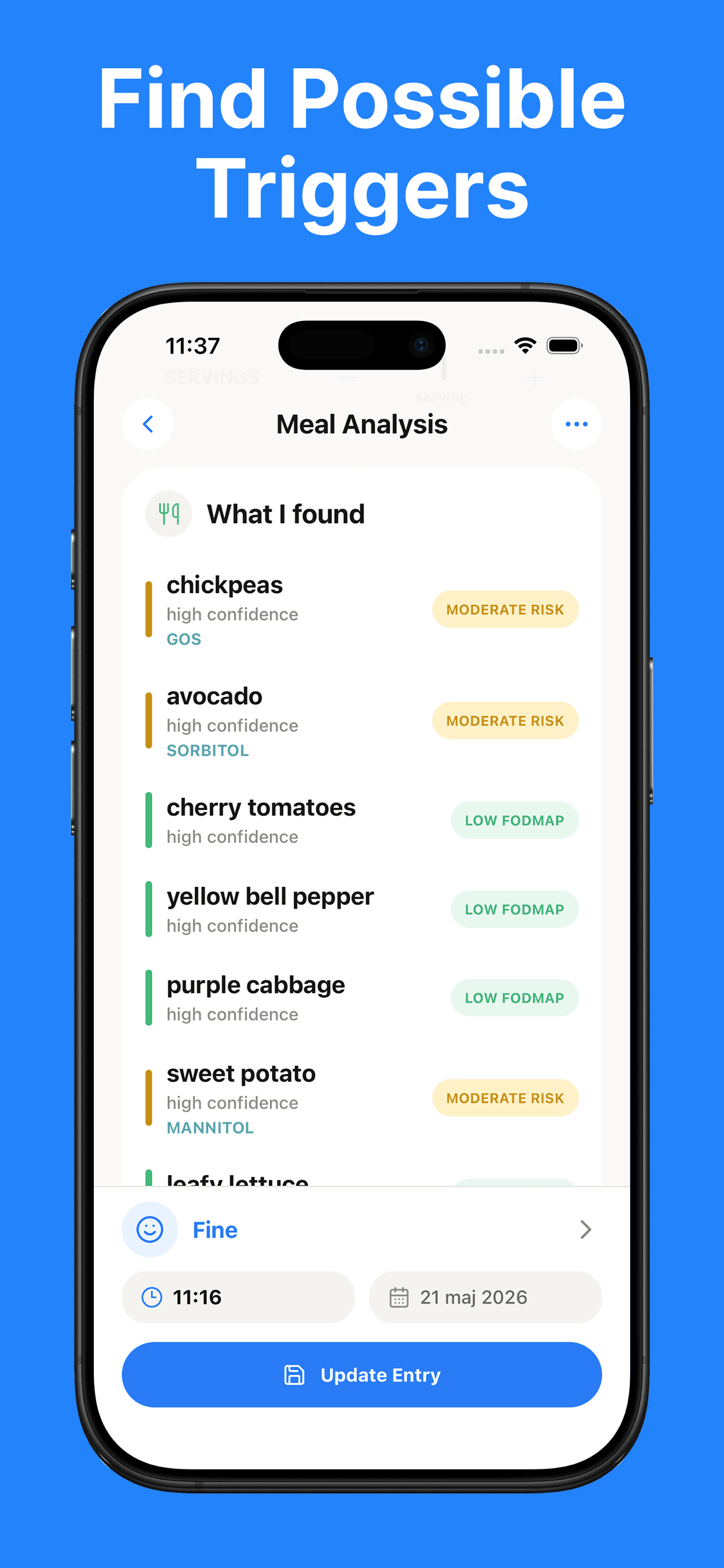 Low FODMAP Food Scanner lower-risk alternatives screenshot